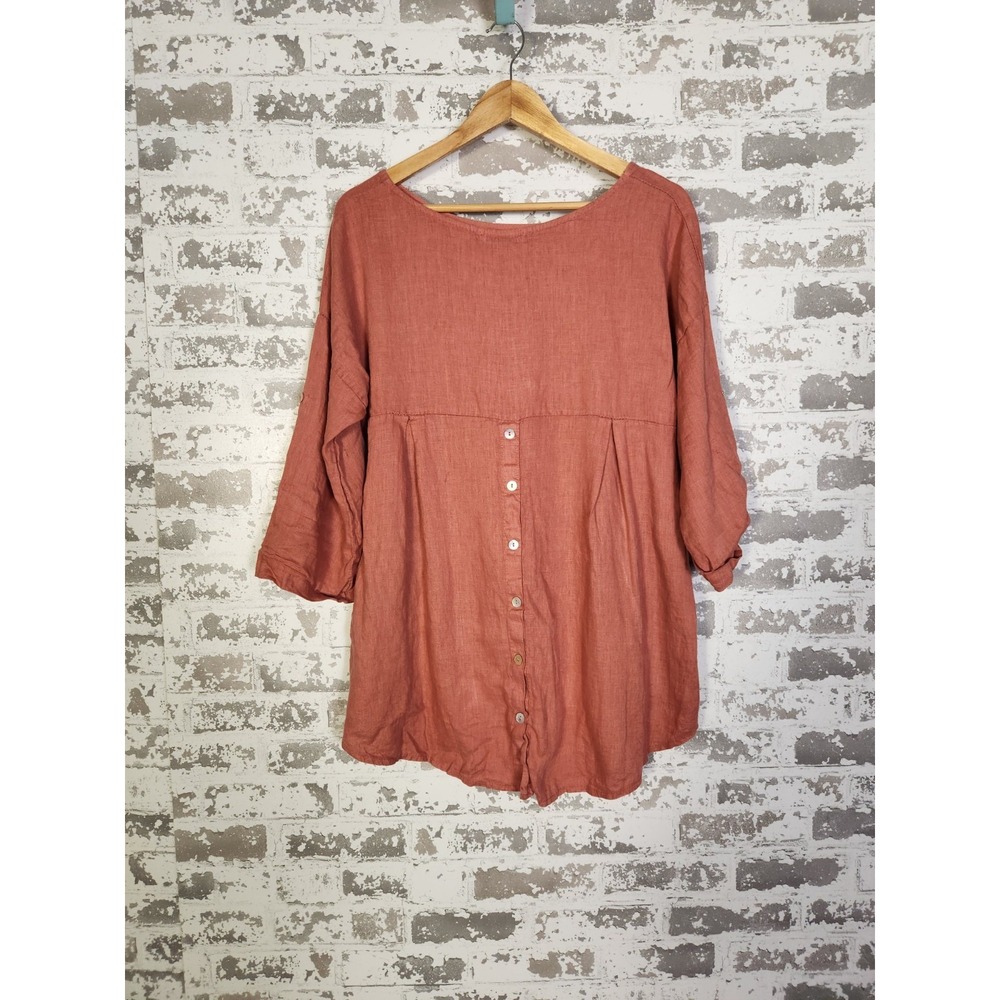 Terzo Millenio Italy Linen Top Size‎ Small Orange Hi Lo Button Back Lagenlook